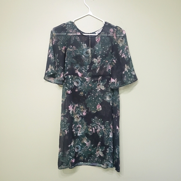Zara Sheer Black and Green Floral Tunic Size Small - Picture 1 of 13